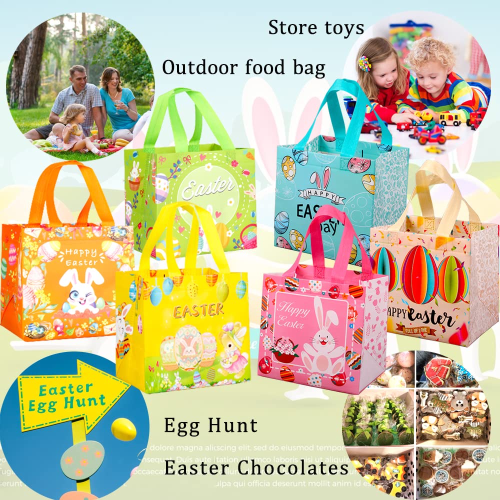 YOOYEH 6 Easter Tote Bags, Easter Egg Hunt Bags with Handle Non- Waven Gift Bags Easter Bags for Gifts Wrapping, Egg Hunt, Easter Party Supplies