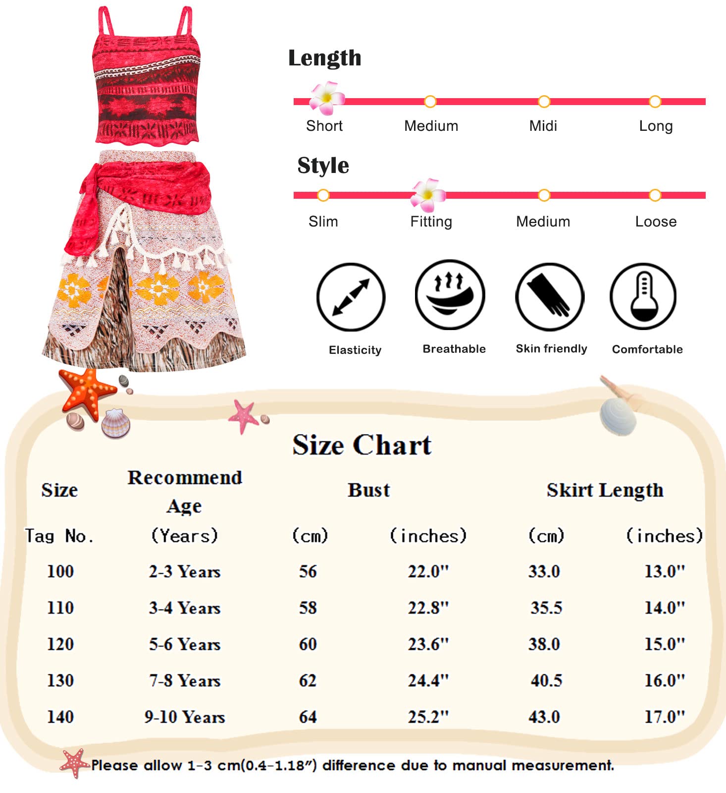 Febbabe Girls Adventure Outfit Skirt Set Princess Moana Dress Up Halloween Carnival Cosplay Costume Kids Birthday Fancy Party Role Play Clothes Set Red Age 3-4 Years