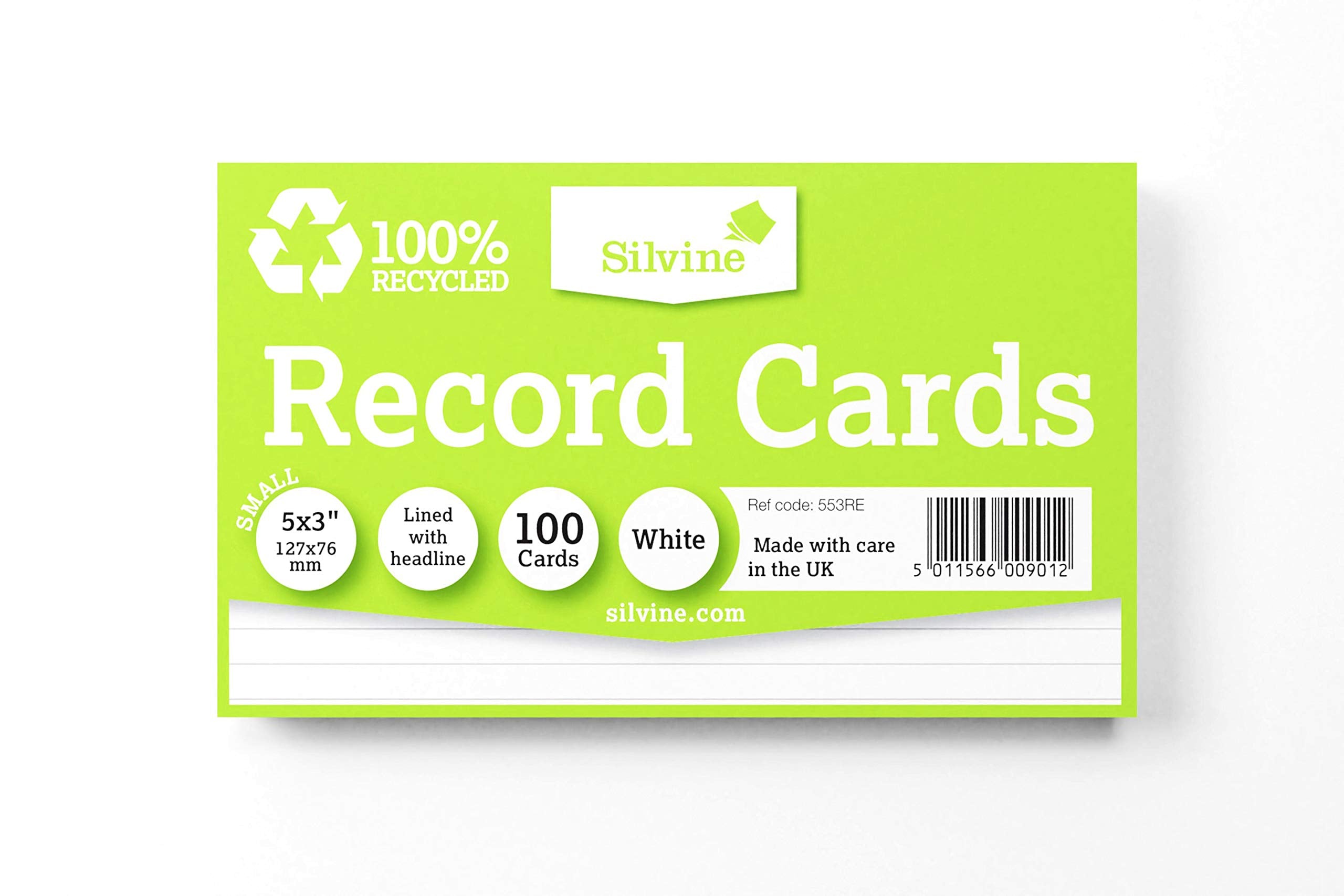 Silvine 5x3 inches 100% Recycled Flash Cards - Lined (100 Cards) White