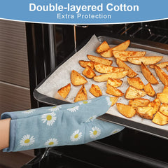 AUAUY Oven Mitts and Potholders, BBQ Gloves Heat Resistant, 1 Pair Oven Mitts and 2 Pot Holders, Cotton Non-Slip Cooking Gloves for Cooking Baking Kitchen Microwave Pizza (Daisy-Blue)