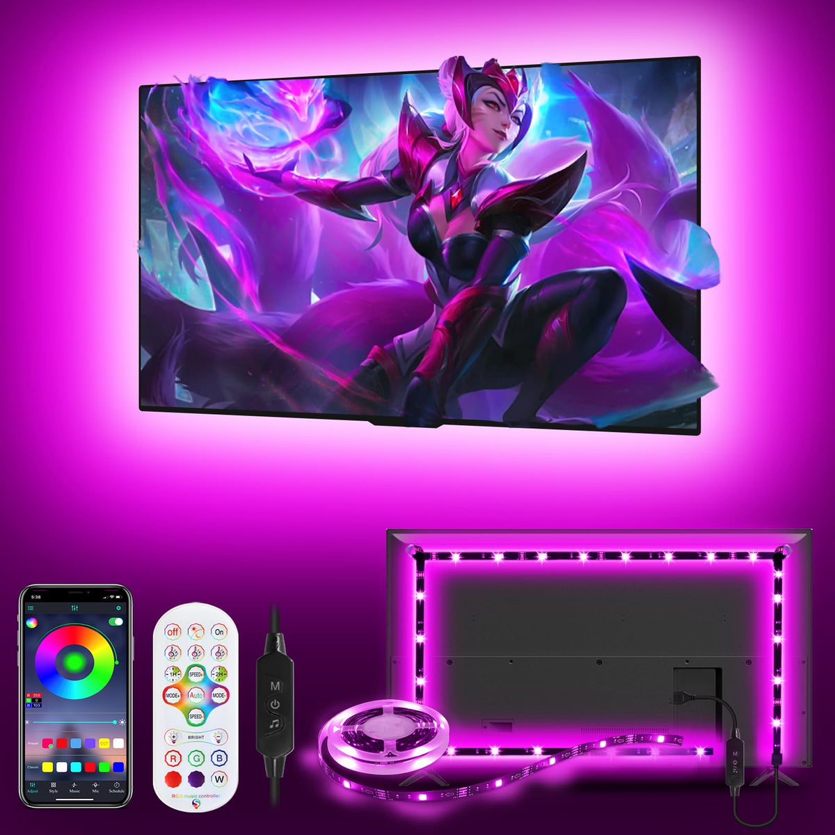 Daymeet TV LED Backlight TV Led Lights 3M for 32-43in TVs, TV Backlights Sync with Music Led Lights for TV Bluetooth App Remote Control Dimmable RGB Led Strip Lights for Bedroom Gaming Room