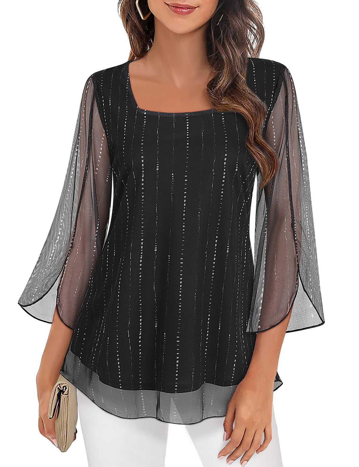 Syphiby Work Blouses for Women UK, 3/4 Sleeve Tops Dressy Casual Double Layered Square Neck Double Layers Mesh Shirts Ladies Evening Tops Womens Going Out Tops