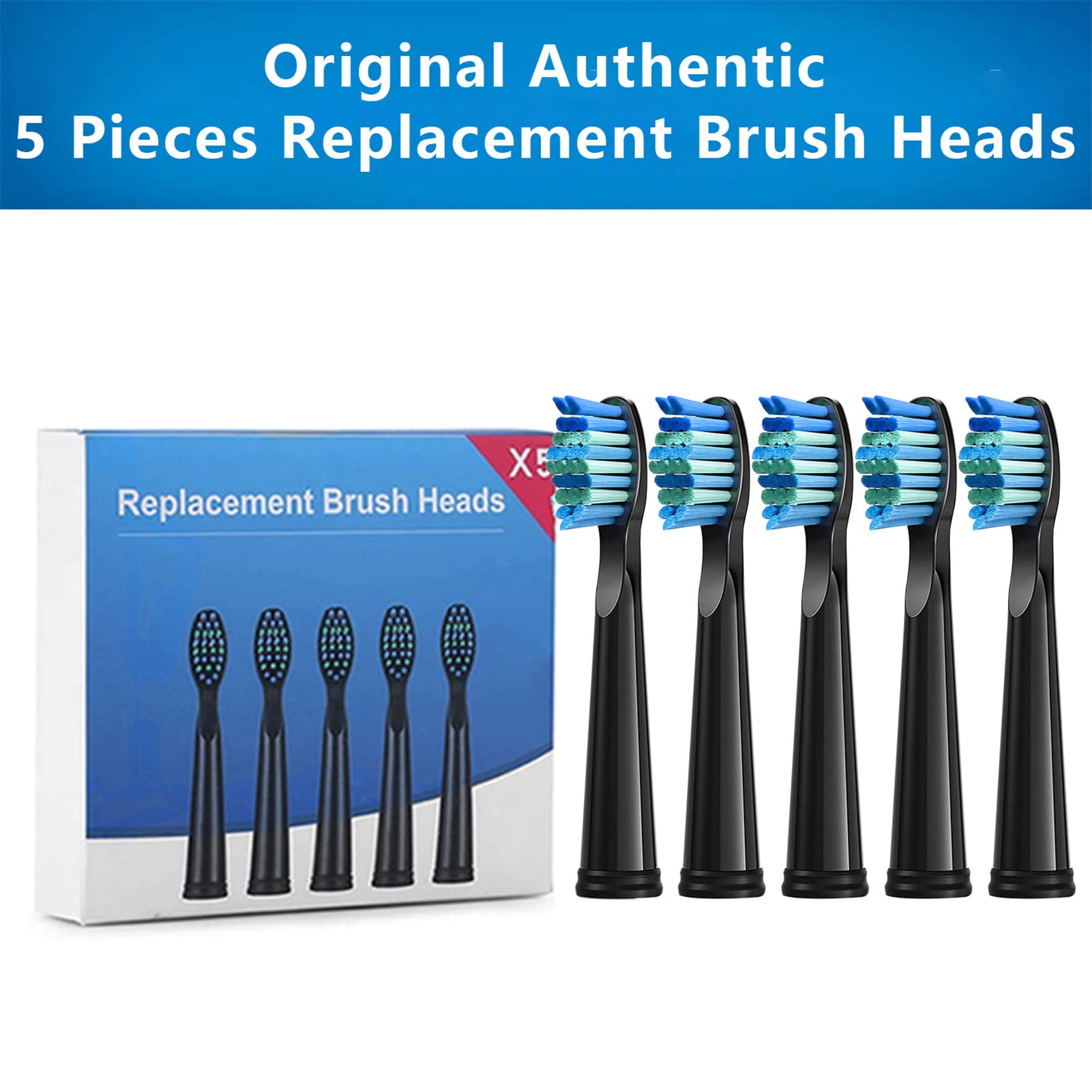 Electric Toothbrush Heads 5pc Compatible with Fairywill D7/D8/FW507/FW508/FW551/917/959/SG-E9 Moderately Soft Bristles Brush Replacement (Black)