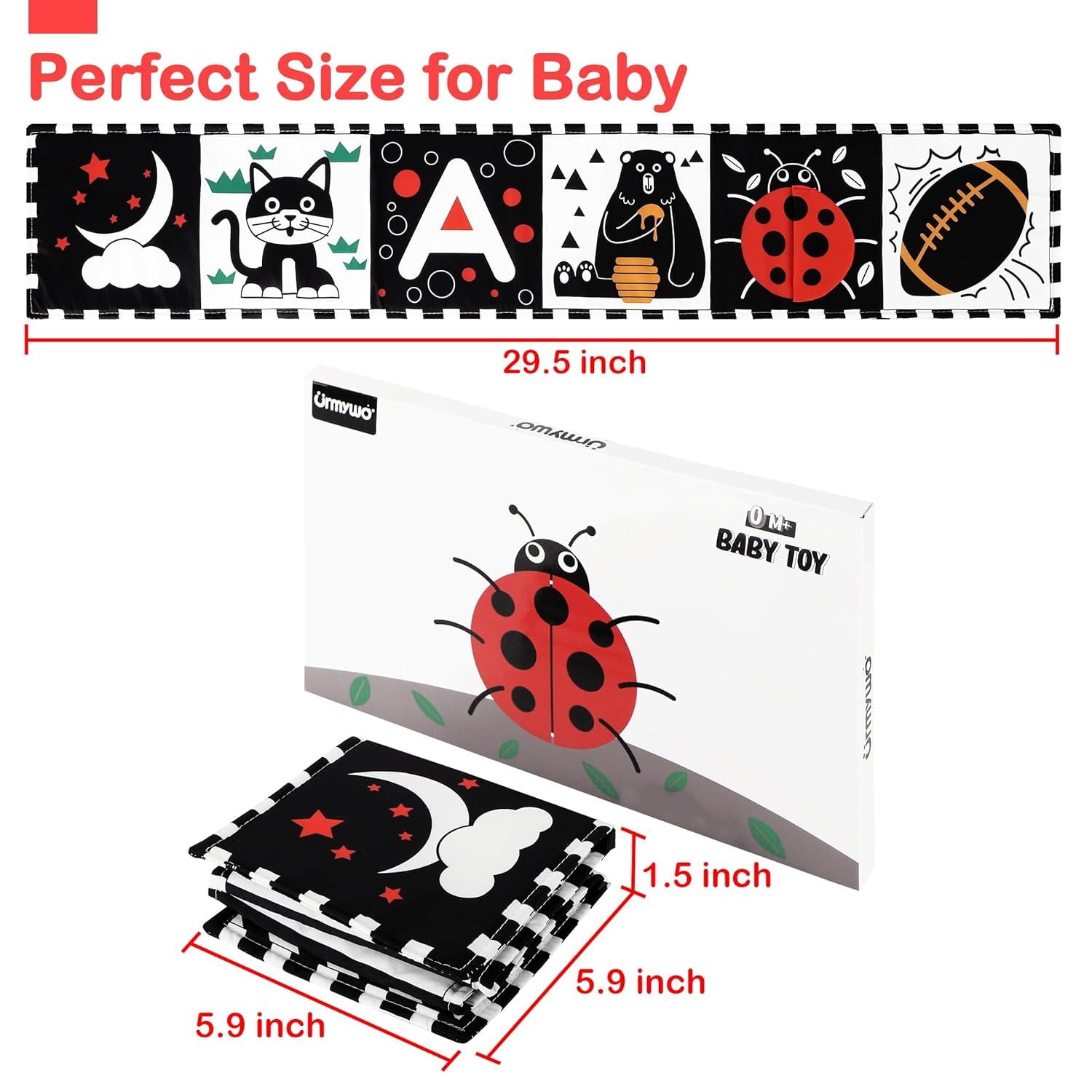 URMYWO Baby Toys 0-6 Months, Black and White Sensory Toys Brain Development, Tummy Time Toys, Soft Baby Book, Baby Essentials for Newborn 0-6-12 Months Montessori Toy Gifts