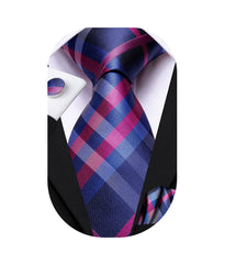 Dubulle Mens Checks Tie Set Pink and Blue Plaids Checks Necktie Handkerchief Cufflinks Business Formal