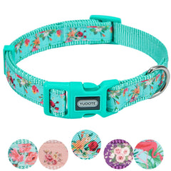 YUDOTE Dog Collar Large Soft Strong Nylon with Floral Printed Ribbon Adjustable for Active Canines Neck 40-66cm,Turquoise Color