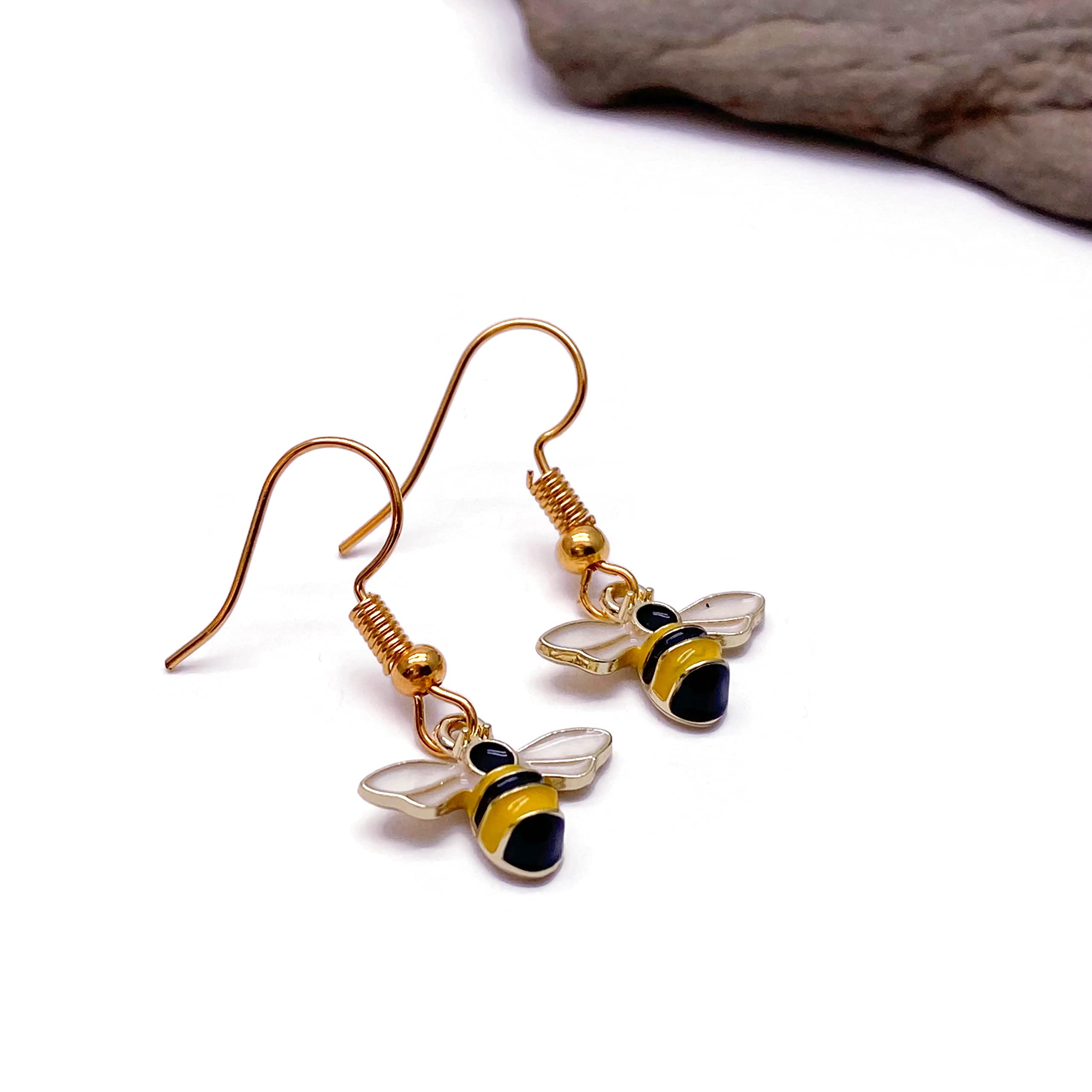 Little Bumble Bee Enamel Charm Earrings - Cute Yellow and Black Enamel Charms on Nickel Free Gold Hooks : 30mm