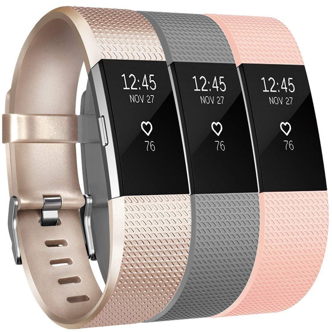 Yandu for Fitbit Charge 2 Strap(3-Pack), Replacement Watchbands Soft Comfortable Accessory Straps for Fitbit Charge 2 (02, 3PC(ChampagneandGrayandBlush Pink), Large)