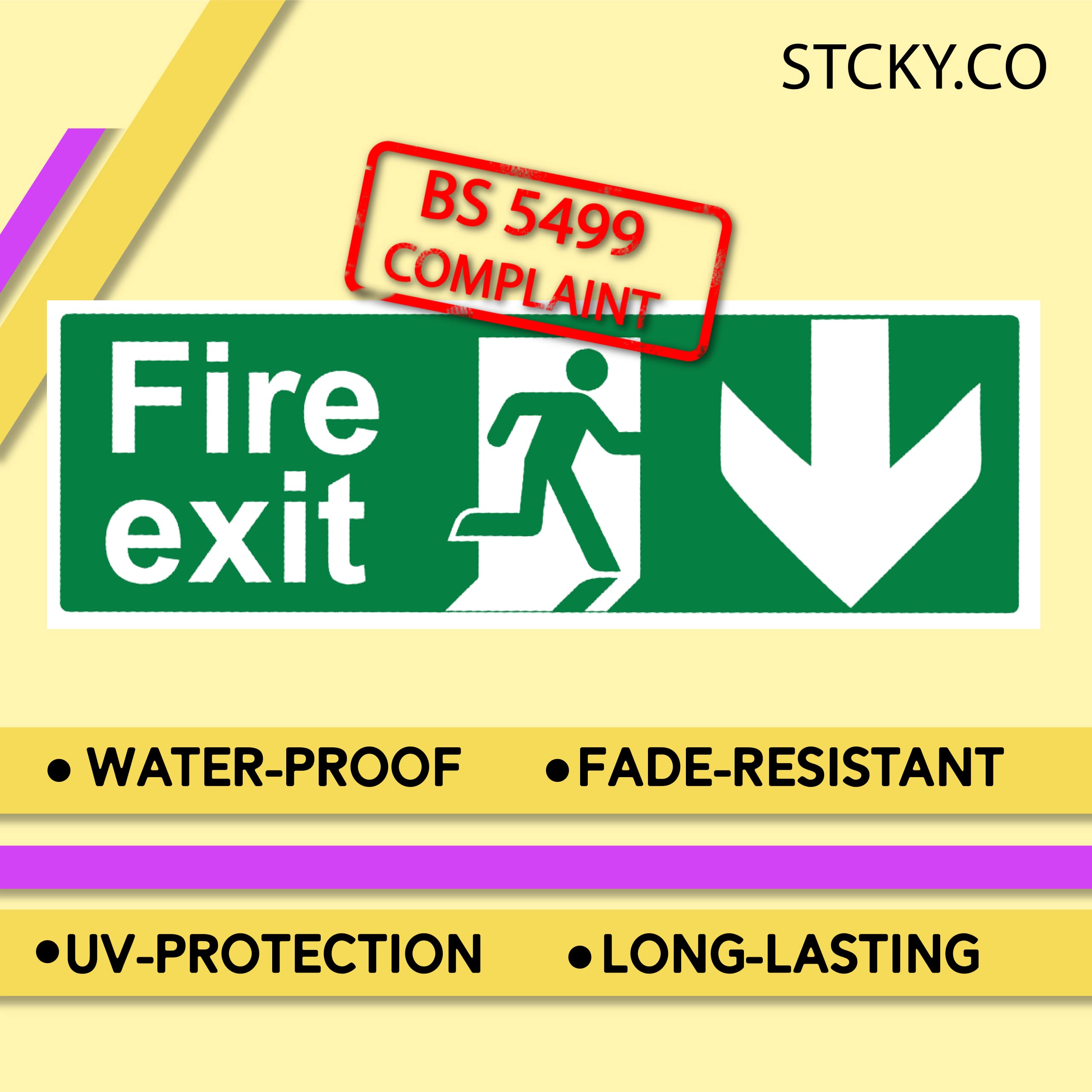 stcky Fire Exit Sign - 30cm x 10cm Ideal Sized Fire Exit Down Arrow Self Adhesive Vinyl Signs [Pack of 3]