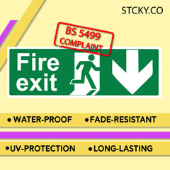 stcky Fire Exit Sign - 30cm x 10cm Ideal Sized Fire Exit Down Arrow Self Adhesive Vinyl Signs [Pack of 3]