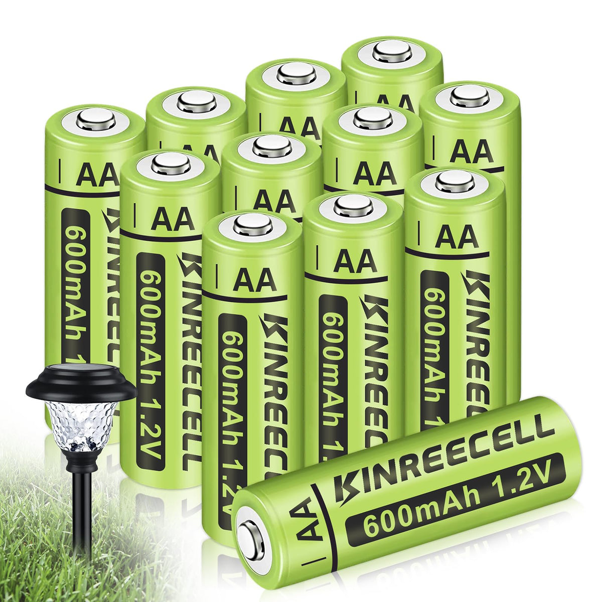 KINREECELL Rechargeable AA Batteries, Ni-MH Double A Solar Batteries True Capacity 1.2V Pre-Charged for Solar Lights, String Lights, Solar Pathway Lights (AA-600mAh-12pack)