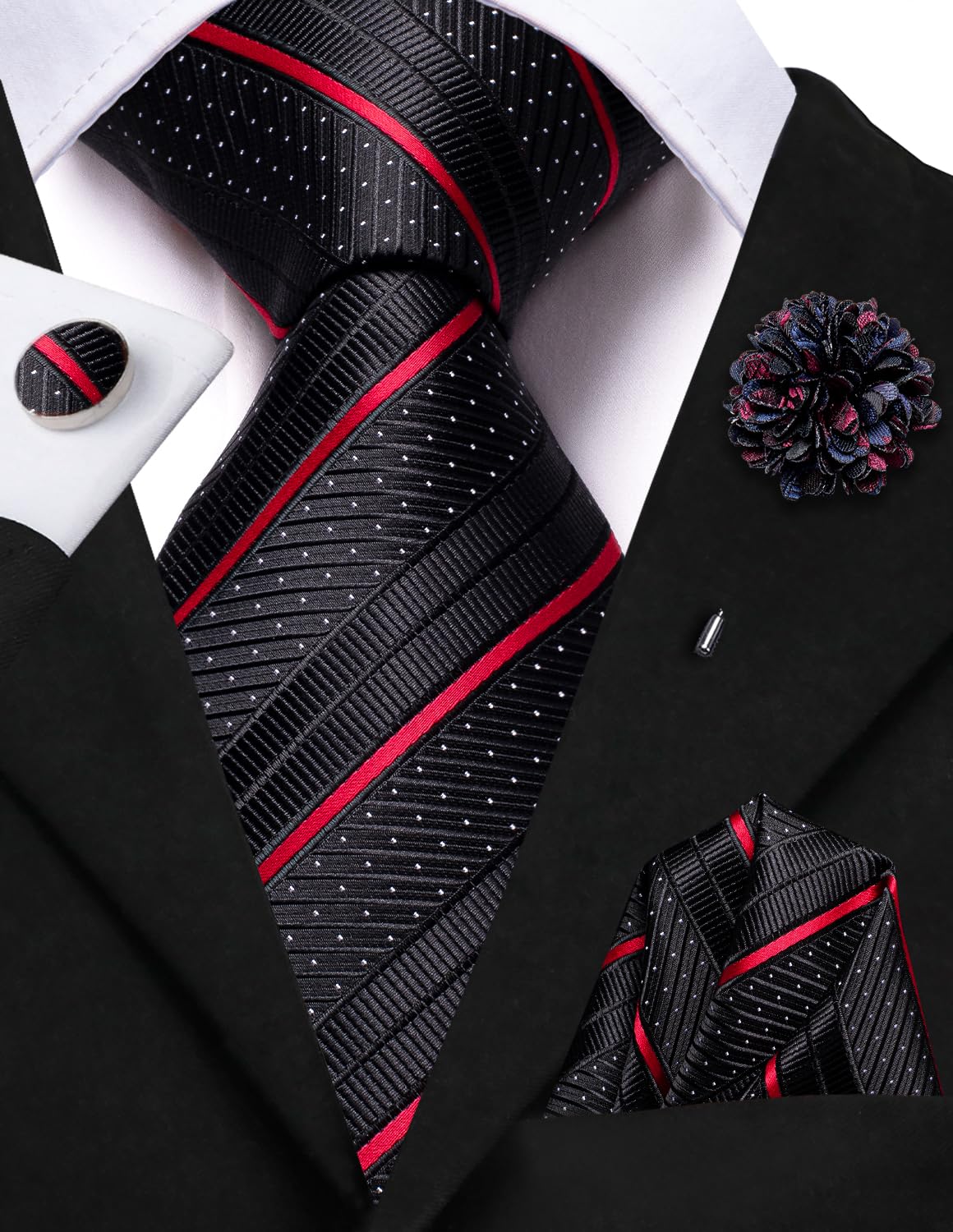 Hi-Tie Black Red Ties for Men Silk Striped Mens Ties and Flower Lapel Pin Necktie Handkerchief Cufflinks Set for Wedding