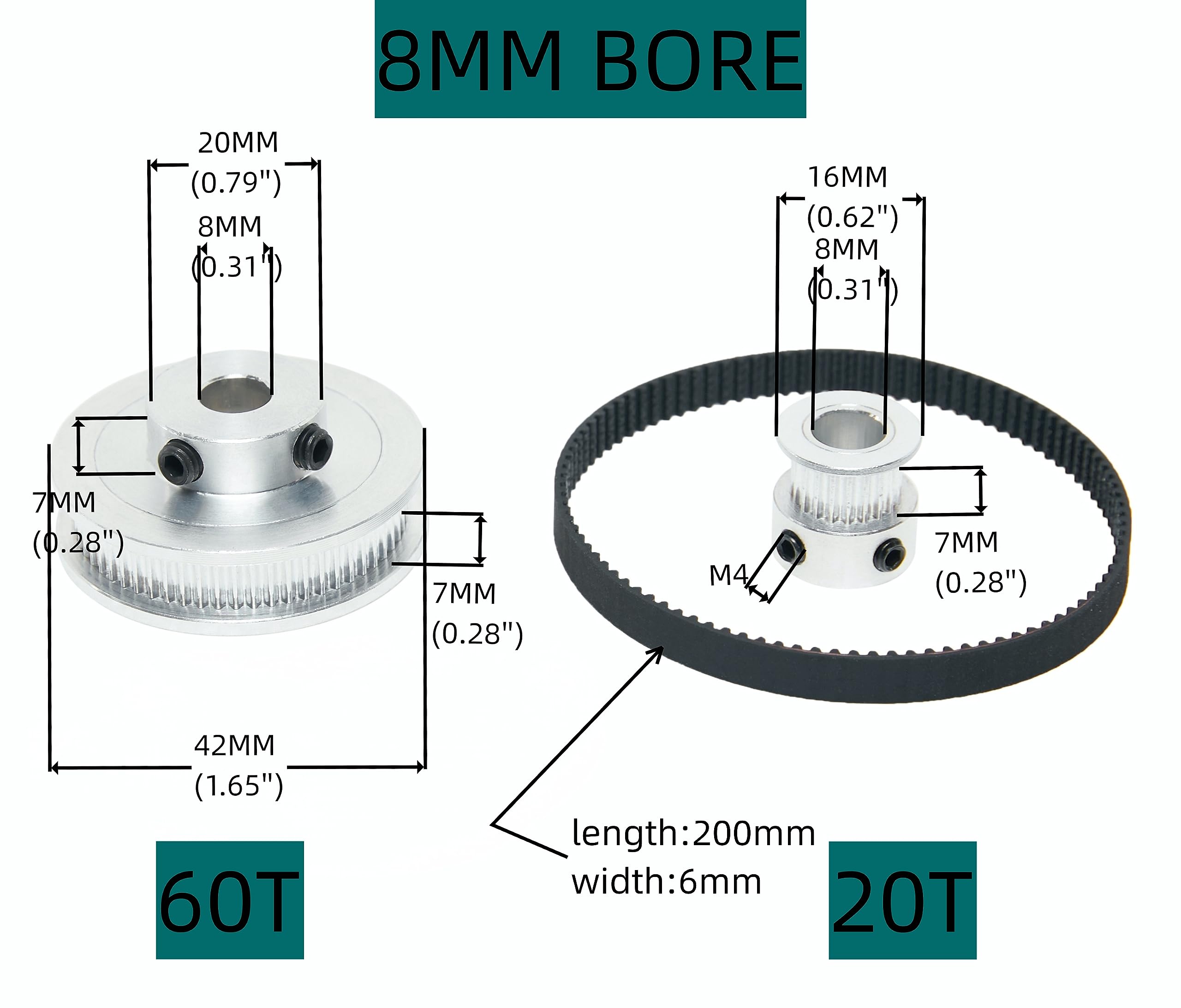 SHCEEC 2PCS Set 2GT Aluminum Timing Pulley 20&60 Teeth 8mm Bore Synchronous Wheel with 2PCS Length 200mm Width 6mm Belt (20-60T-8B-6)