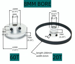 SHCEEC 2PCS Set 2GT Aluminum Timing Pulley 20&60 Teeth 8mm Bore Synchronous Wheel with 2PCS Length 200mm Width 6mm Belt (20-60T-8B-6)