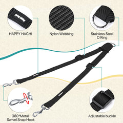 HAPPY HACHI Adjustable Double Dog Lead Coupler No Tangle Nylon Twin 2 Pet Trainer Leash Splitter (S 13-19.7in, Black)