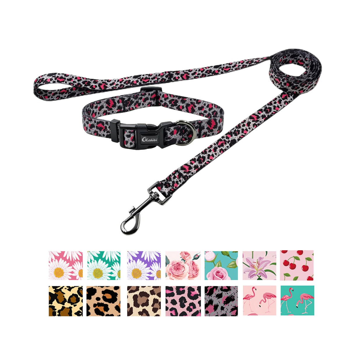 Olahibi Dog Collar and Leash Set, Leopard Pattern, Polyester Material, 150CM Leash, for Small Dogs.(S, Colorful Leopard)