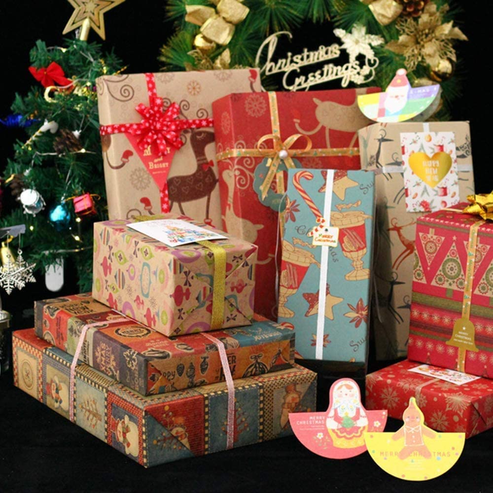 Christmas Wrapping Paper, 12 Pack Recyclable Kraft Paper 70x50CM in Folded Sheets with 10 Unique Designs (Bonus 16 Feet Jute String and 10 Tags)