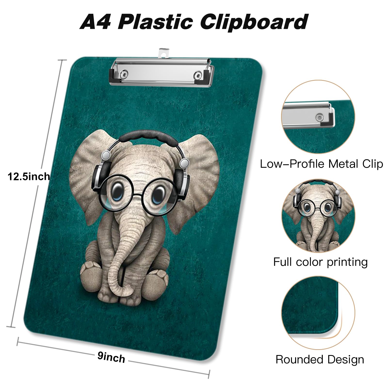 Piasoenc Plastic Clipboard, Cute Decorative Clipboards, 12.5 inches x 9 inchesinch, A4 Standard Letter Size Hard Clipboard with Metal Clip, Office Clip Boards for Nurses, Students, Office, Elephant