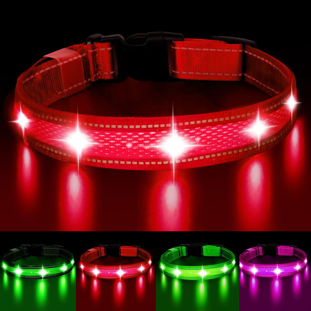 Light Up Dog Collar, Flashing dog collars for dark,LED Dog Collar USB Rechargeable & Waterproof with 3 Flashing Modes, Super Bright Flashing Adjustable Dog Collar for Large Dog