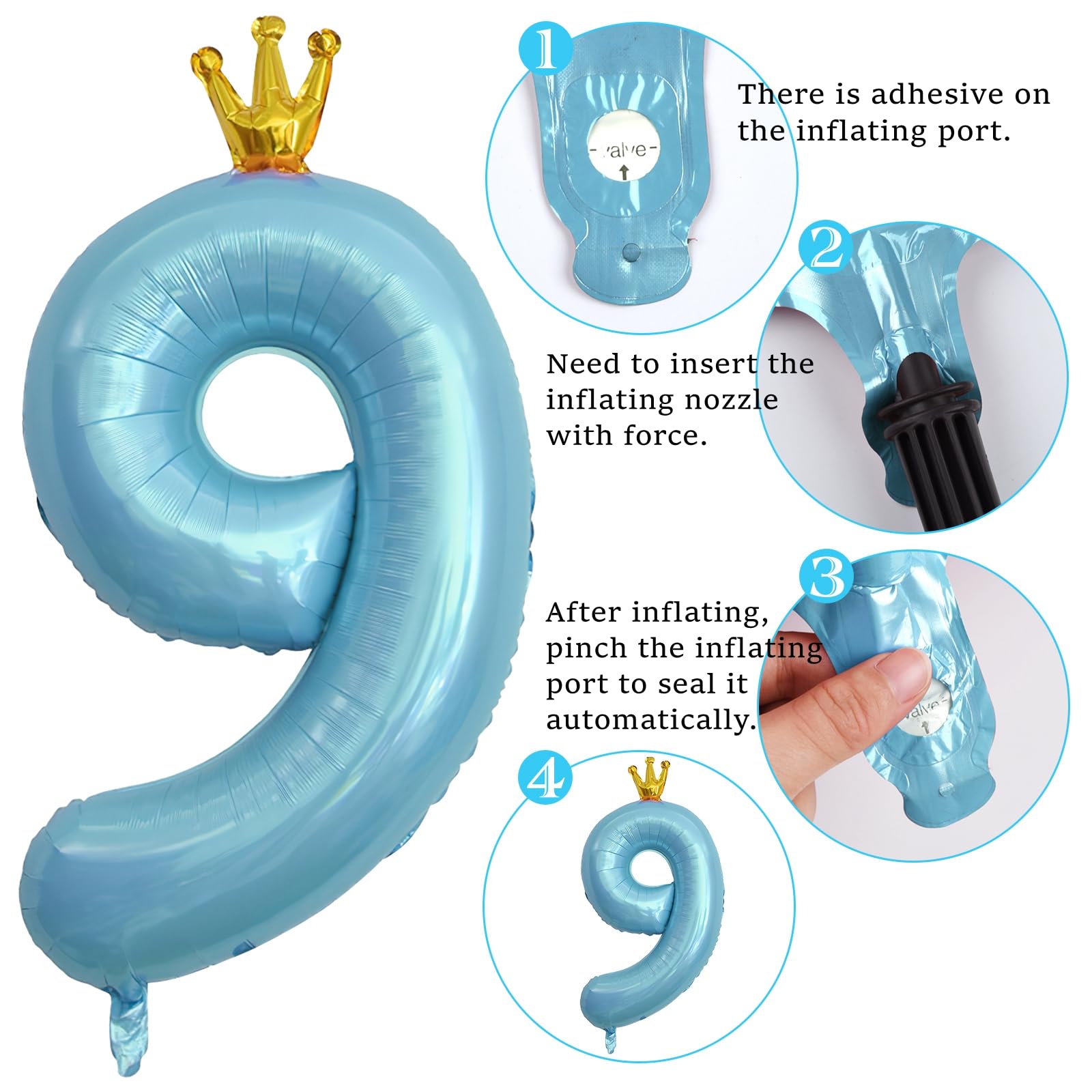 ASTARON Number 9 Balloon 40 Inch Number Balloons for Birthday Party Decorations， Blue 9th Birthday Balloons with Crown for Boys Birthday Decor Anniversary Decorations