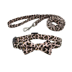 Olahibi Dog Bowtie Collar and Leash Set, Leopard Pattern, Cotton Fabric Material, 150CM Leash, for Small Dogs.(S, Pink Leopard)