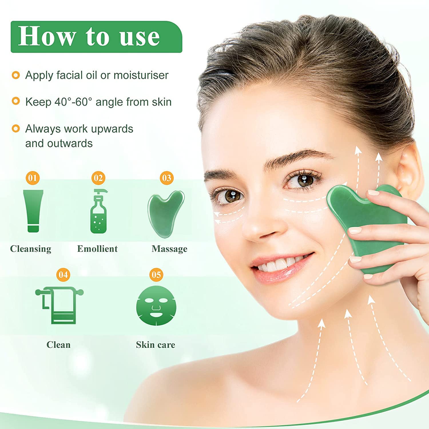 Gua Sha Facial Tools, Jade Gua Sha Stones Massage Scraping for Physical Therapy and SPA Acupuncture Therapy Used for Face, Eyes, Neck and Body (Green)