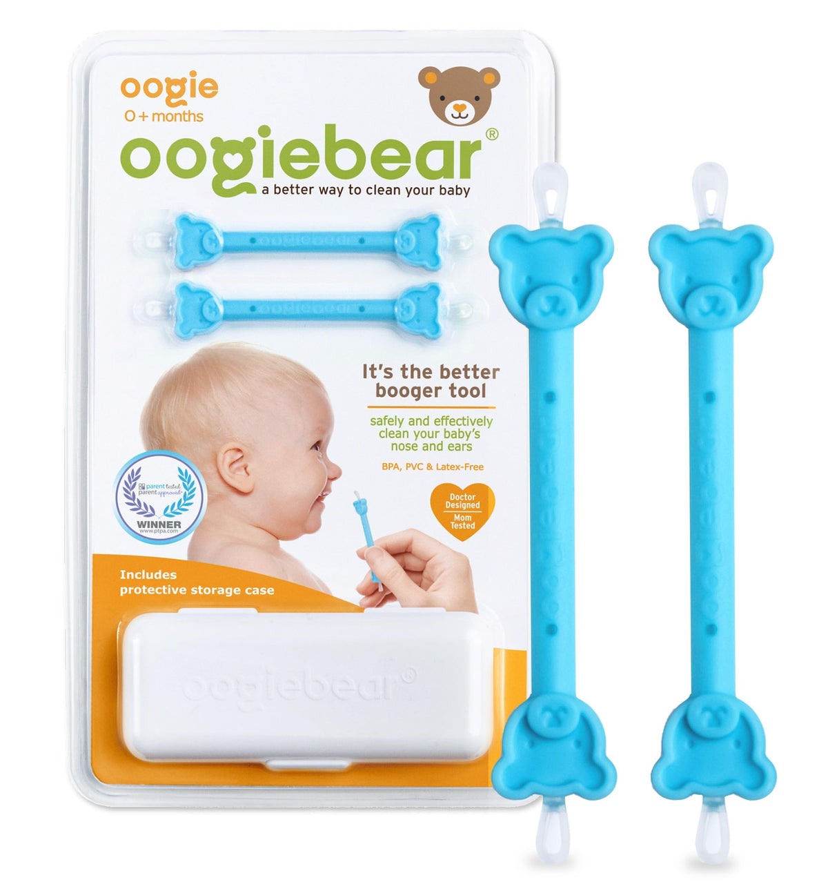 oogiebear - Nose and Ear Gadget. Safe, Easy Nasal Booger and Ear Cleaner for Newborns and Infants. Dual Earwax and Snot Remover. Aspirator Alternative - Two Pack with Case - Blue