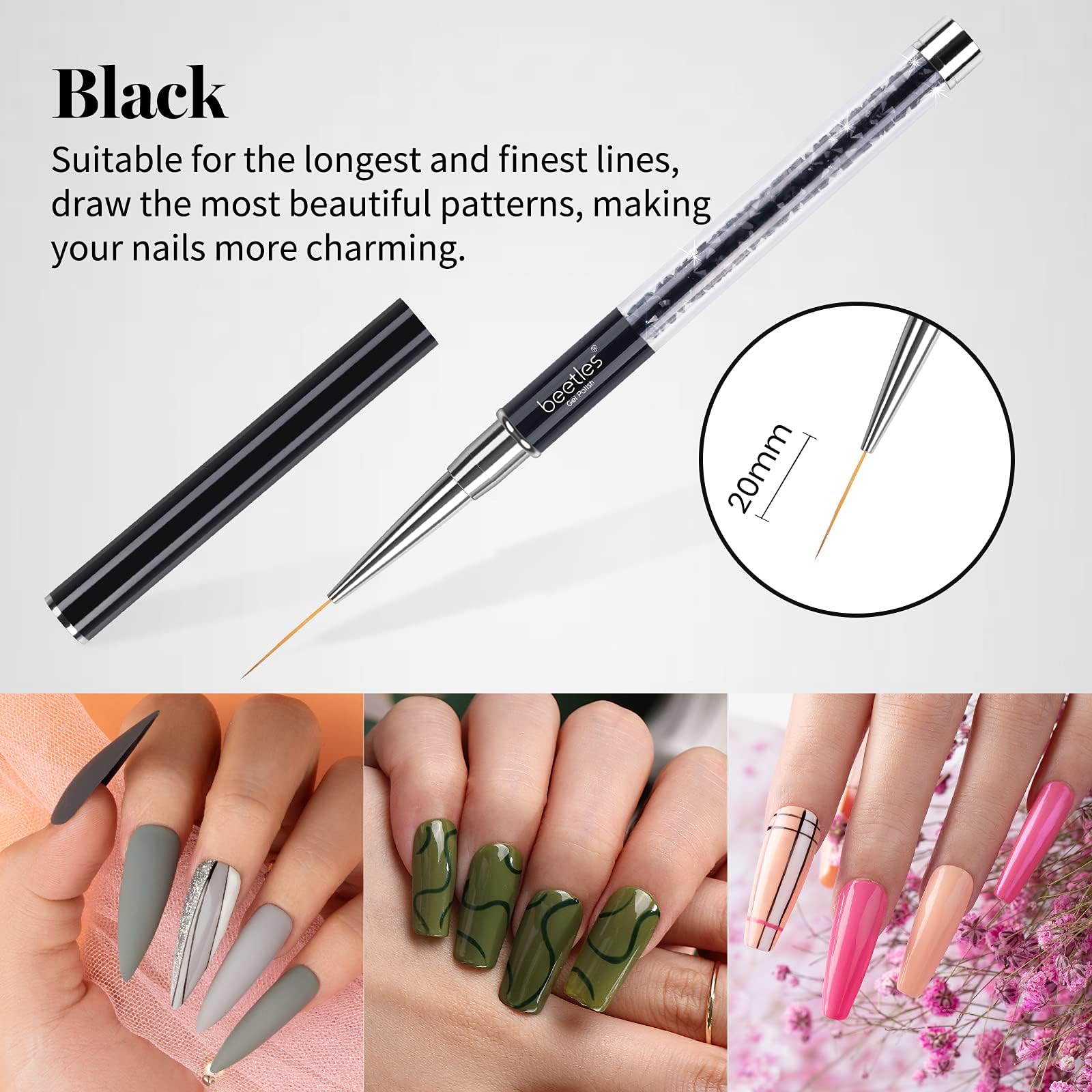 Beetles Nail Art Liner Brushes, Nail Gel Polish Painting Nail Art Design Brush Pen Set Diamond application Rhinestone Handle, Nail Dotting Painting Drawing Pen Sizes 5/7/9/11/20mm, 5Pcs