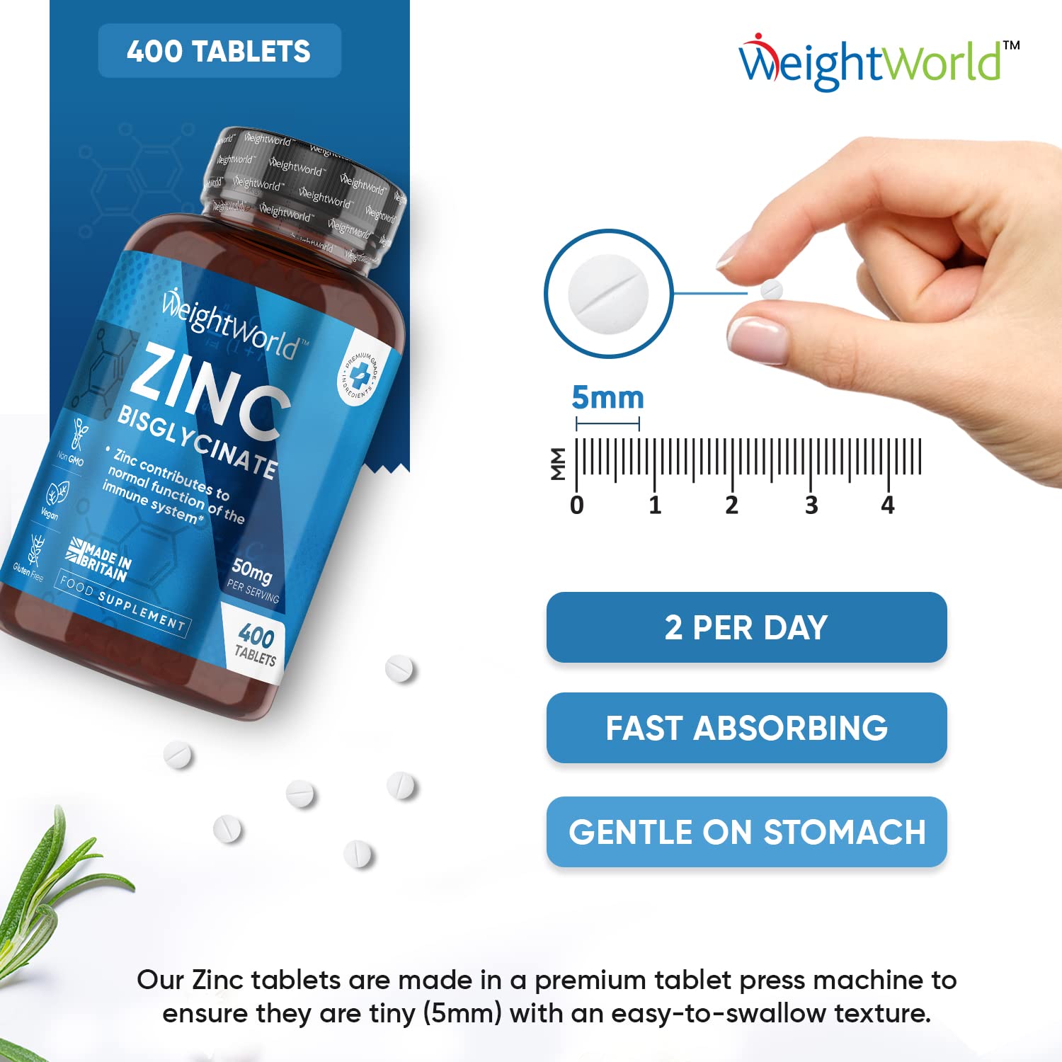 High Strength Zinc Tablets 50mg – 400 Vegan Zinc Bisglycinate Tablets 6and Months Supply – High Absorption Zinc Supplements for Skin, Hair and Nail - Immunity Supplements for Men & Women