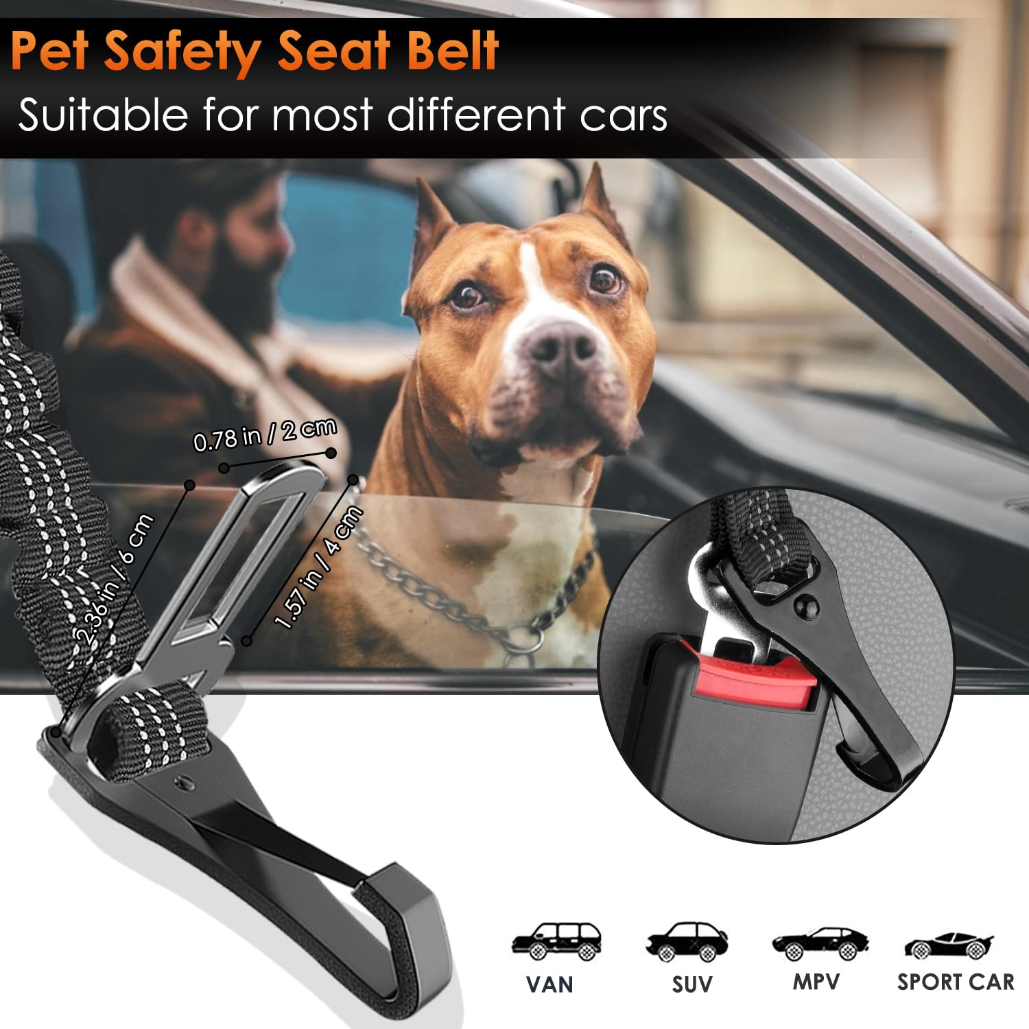 Eyein Dog Seat Belt, 2 in 1 Attachment Dog Car Harnesses Belt, Hook Latch Bar & Seatbelt Buckle with Anti Shock Elastic Nylon Bungee Buffer, Pet Safety Belts for Vehicle(Black,90cm)