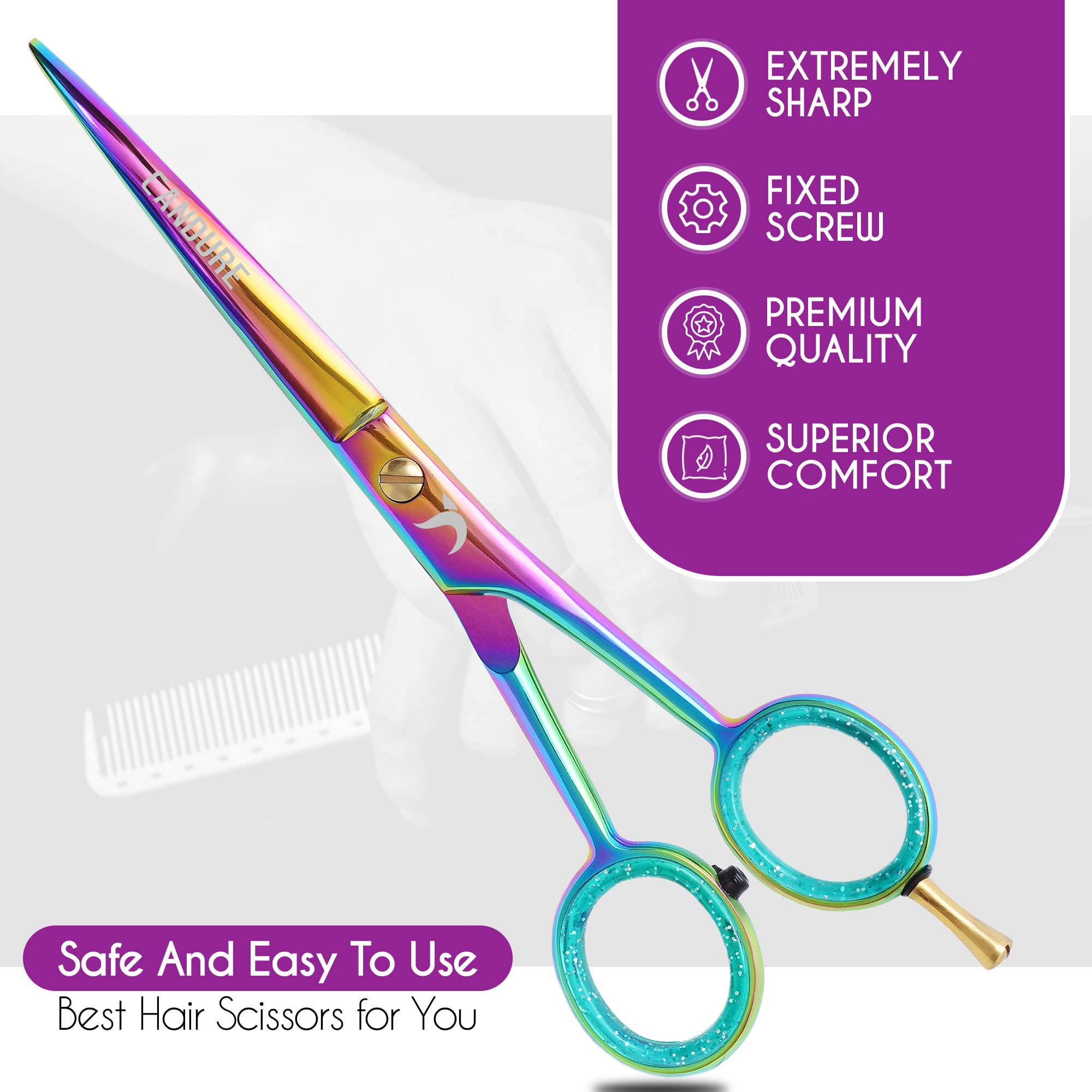 Candure Hairdressing Scissor Hair Scissor for Professional Hairdressers Barbers Stainless Steel Multi Color Hair Cutting Shears for Salon, Men, Women, Children and Adults (Rainbow, 6.5 inches)