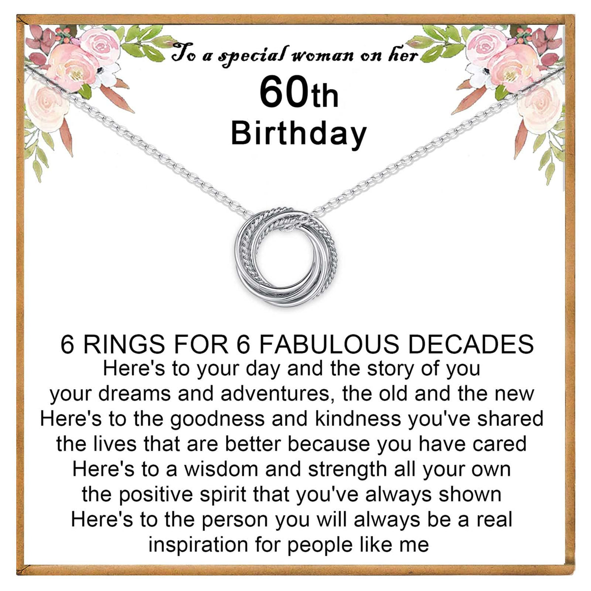 VOSAP 60th Birthday Gifts for Women, 60 Birthday Gifts for Best Friends, Sterling Silver 6 Rings Necklace Jewellery 60th Birthday Gifts for Her Mum