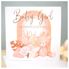 New Baby Girl Card. New Mummy Daddy Congratulations. WelCome to World Card. Neutral Dried Pampas Flowers & Rainbow Arch. Nude Pink Beige. Square Modern Greeting Card