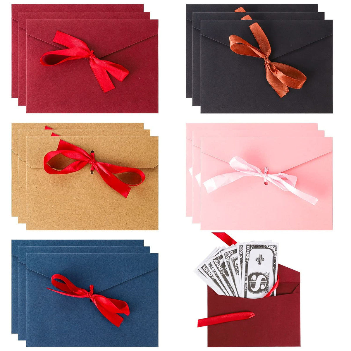 16 Pcs Money Envelopes with Ribbons, Retro Kraft Gift Card Envelopes Brown Wage Vintage Envelopes for Wedding Birthday Invitation Greeting Christmas Valentine's Father's Day Gift Card (5 Colors)