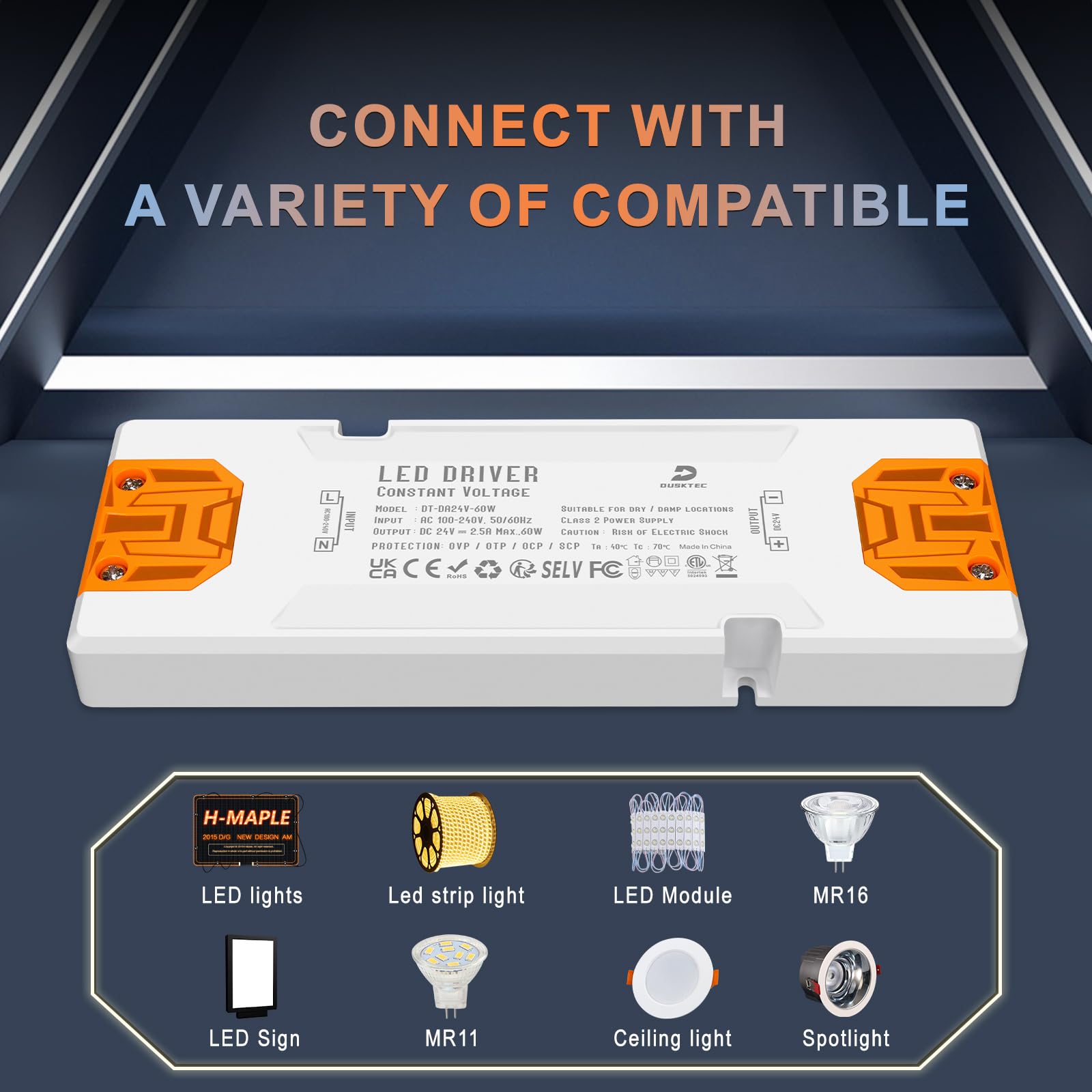 DUSKTEC Slim LED Driver 24V 60W, IP44 Switching Power Supply, 240V AC to 24Volt DC Replacement LED Transformer, Low Constant Voltage 24V 2.5A Adapter for LED Module Light Strip Led Lamp Bulbs