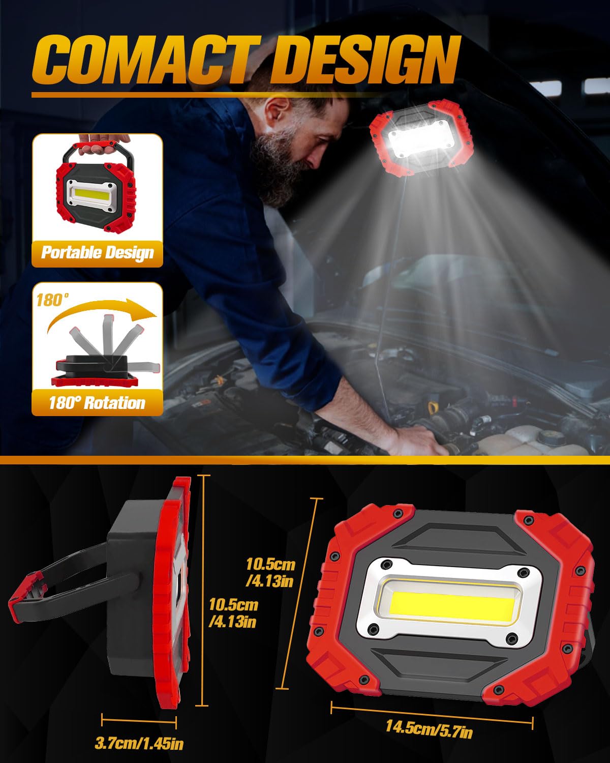 LED Rechargeable Work Lights, 2500LM 30W Outdoor COB Floodlight Super Bright with 4 Modes, Battery Security Light with USB Waterproof for Outdoor, Yard, Garage, Fishing, Camping, Hiking (Red, 1PCS)