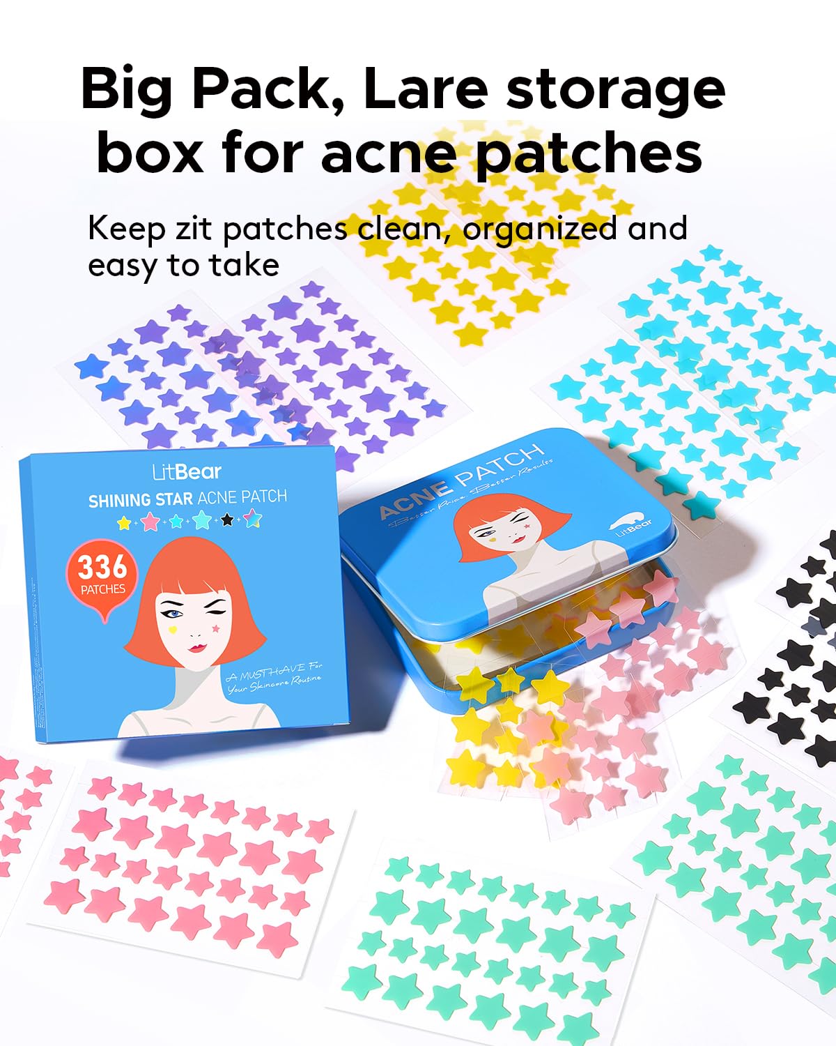 LitBear Acne Pimple Patch, 6 Colors 336 Dots Star Pimple Patches with Case, Tea Tree Oil & Centella Oil, Hydrocolloid Acne Pimple Patches for Face Cute Zit Patches Pimple Stickers Acne Dots