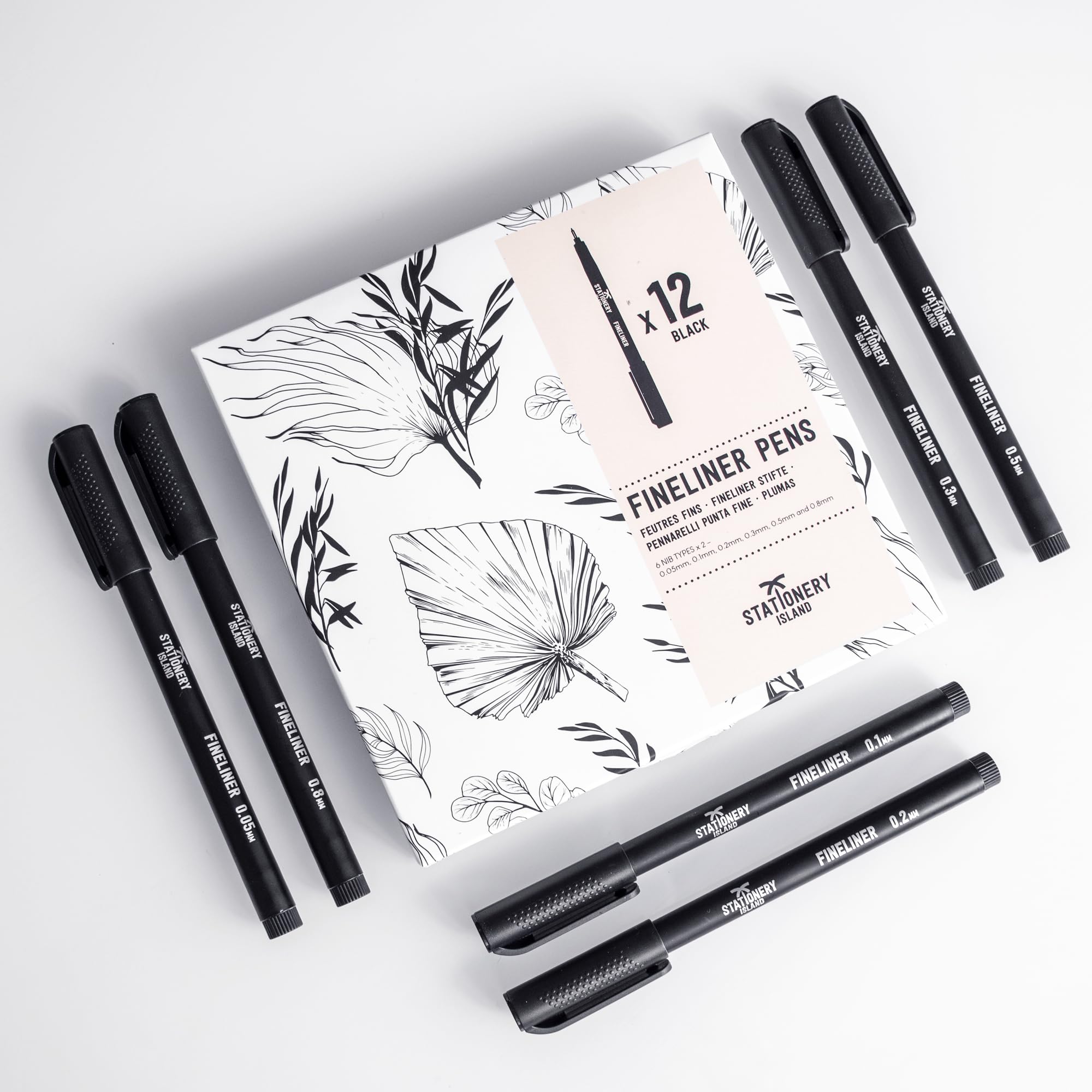 STATIONERY ISLAND Black Fineliner Pens - Set of 12 - Assorted Nibs - Fine Tip - For Sketching, Inking, Bullet Journal, Drawing, Writing, Manga and Graphic Design