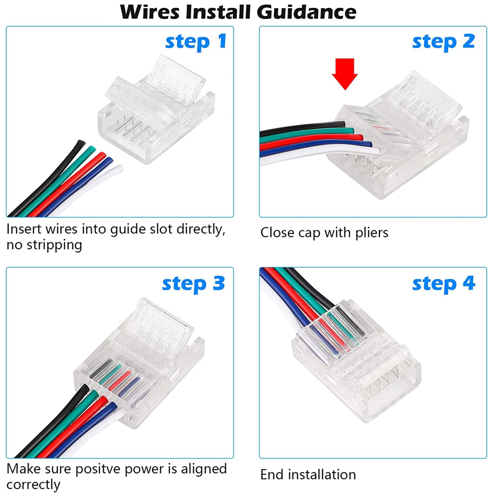 HOMELYLIFE 10 Pcs 5 Pin 12mm LED Strip Connectors Solderless with 16.4ft Extension Cable 5 Conductor for Waterproof or Non-Waterproof 12mm Wide RGBW RGBWW LED Strip Lights