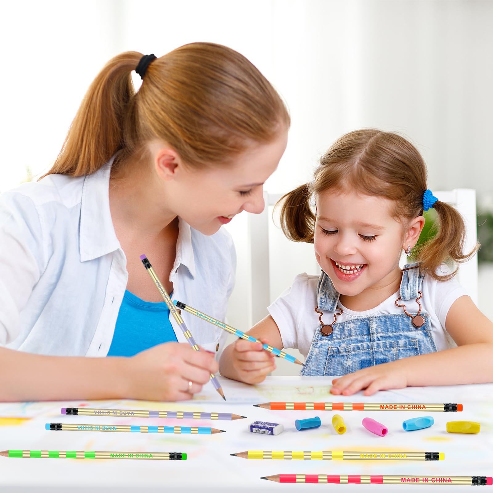 OFFCUP HB Pencils, 12pcs Pencils with Rubbers, Presharpened Pencil Writing Pencils with Rubbers on The End with 4 Pen holders, Pencil Sharpener and Rubbers for Children Handwriting and Drawing (Gourd)