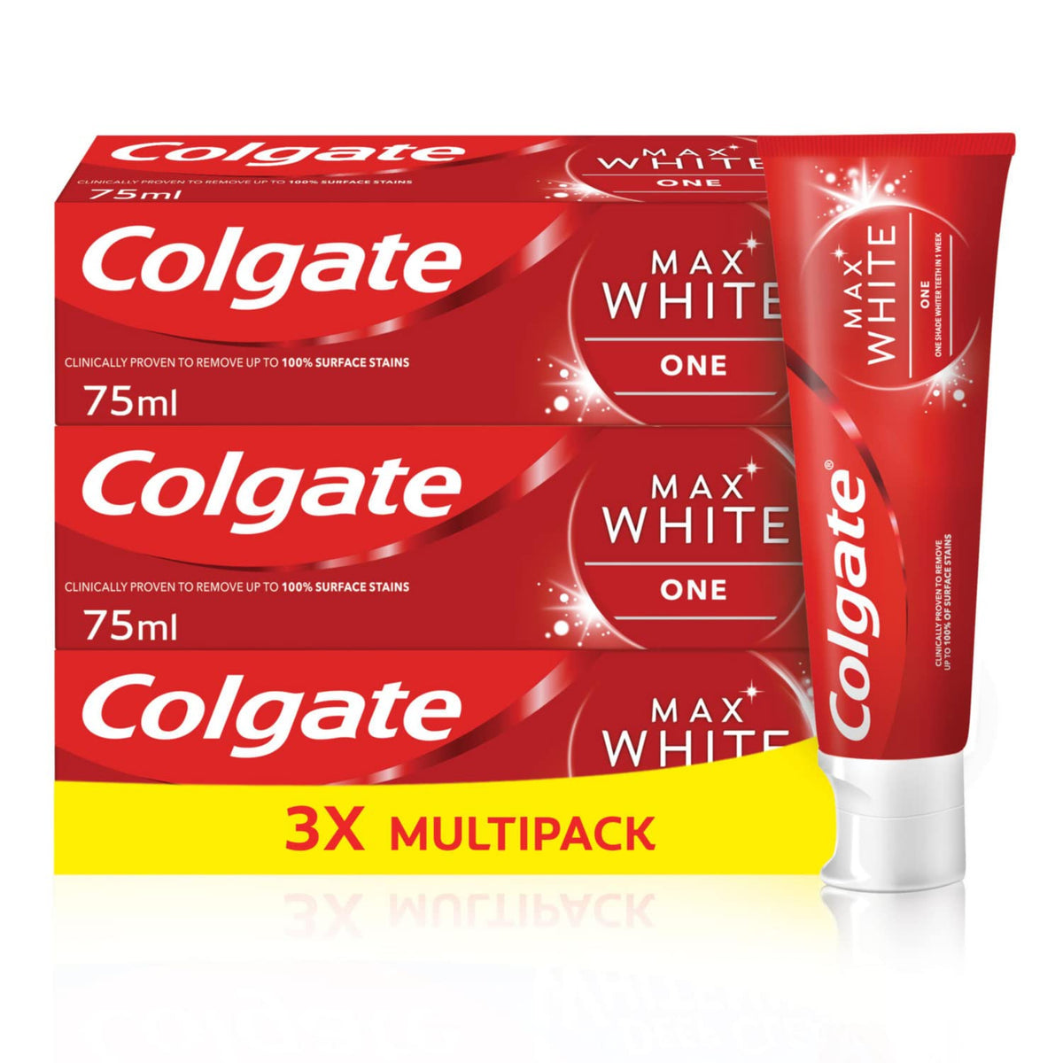 Colgate Max White One Whitening Toothpaste, Teeth Whitening Toothpaste with a Clinically Proven Formula, Removes up to 100% of Surface Stains, 1 Shade whiter in 1 week, 75ml (Pack of 3)