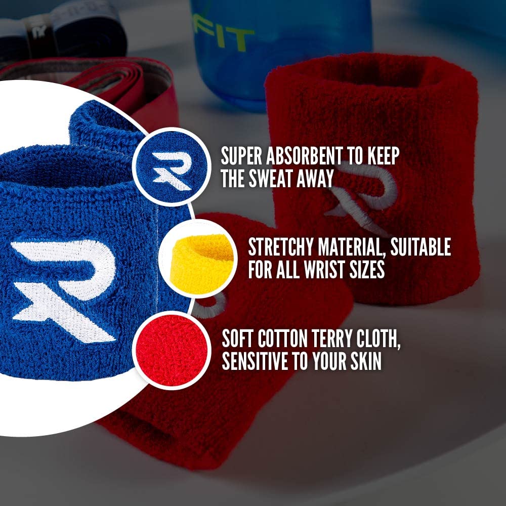 Raquex Cotton Wristbands - Soft cotton stretchy material. 8cm or 13cm widths. Sports sweat bands for men and women. 7 colour options (Red, Pair Wristbands)