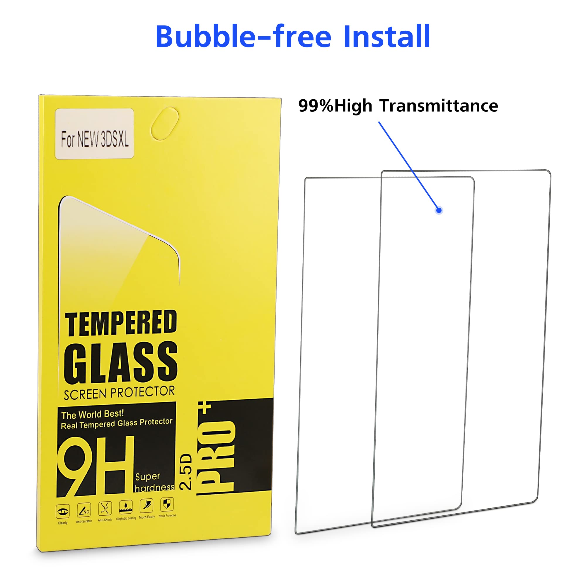 Screen Protector for New 3DS XL, 2 Pack Tempered Glass Top LCD for Top Screen and HD Clear Crystal PET Film Compatible Bottom Screen Protective Filter Compatible with Nintendo 3DS XL/New 3DS XL