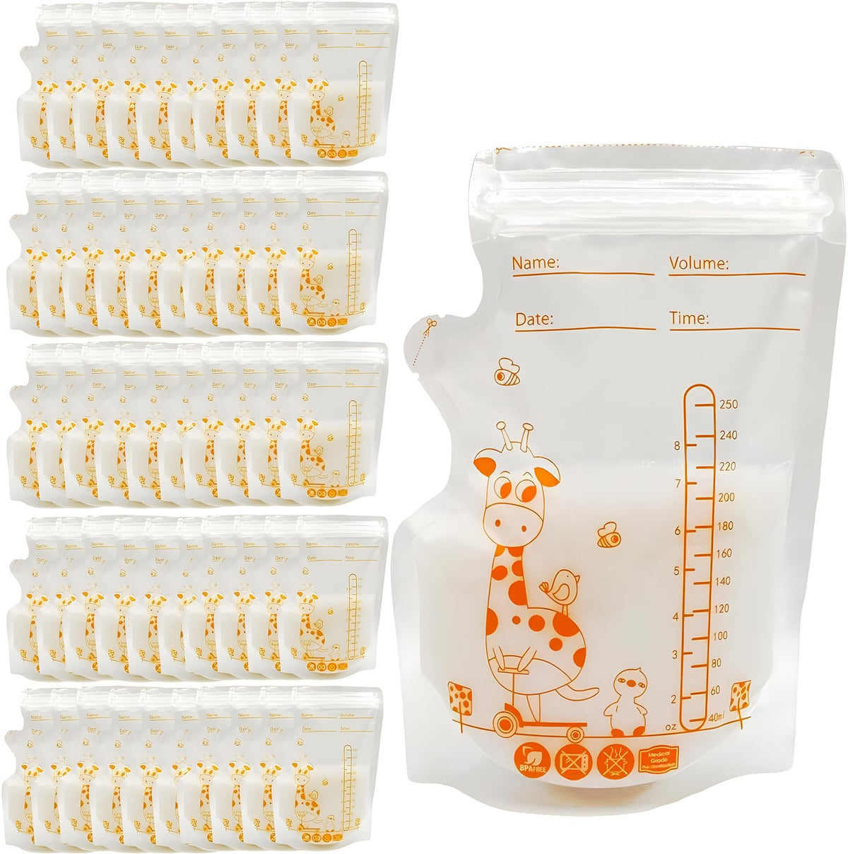 MORJCG 50 Pcs Breast Milk Storage Bag, Breast Milk Storage, 250ml Disposable Milk Storage Bags, Breast Milk Bags, Milk Storage Bags Breastfeeding, Breastfeeding, No-Leak Milk Freezer Storage Pouches