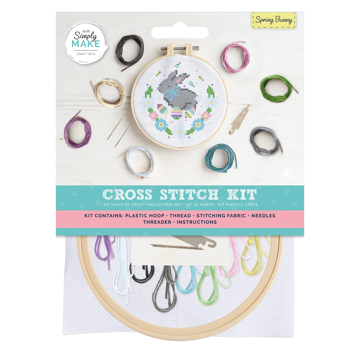 Simply Make Cross Stitch Kit - Spring Bunny Design for Kids and Adults, Including Hoop, Embroidery Thread, Fabric and Needle - Perfect for Adult Crafts and Beginners - Starter Cross Stitch Craft Kit