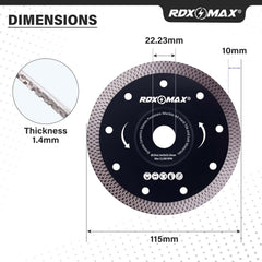 RDXMAX ® 125mm Diamond Cutting Discs for Angle Grinder - Super Thin Fast, Clean Cut on Porcelain, Granite, Marble, Concrete, Tiles, Stones, Bricks & Ceramics- 4.5 inches Wheel - Size 125 x 1.4 x 22.23mm