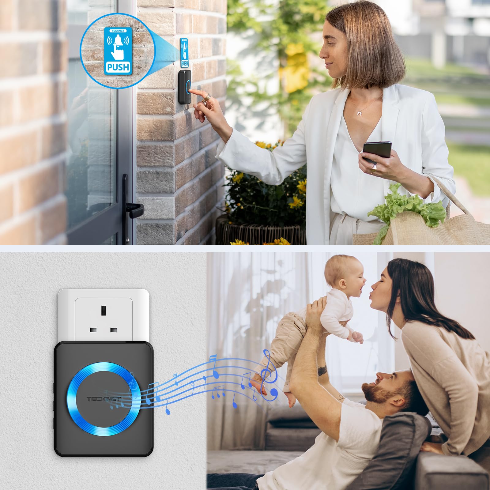 TECKNET Wireless Doorbell, IP65 Waterproof Wall Plug-in Cordless Door Chime Kit with 1300feet / 400m Range, 60 Chimes, 5-Level Volume & Blue Light, Best for Plug in Door Entry Bell