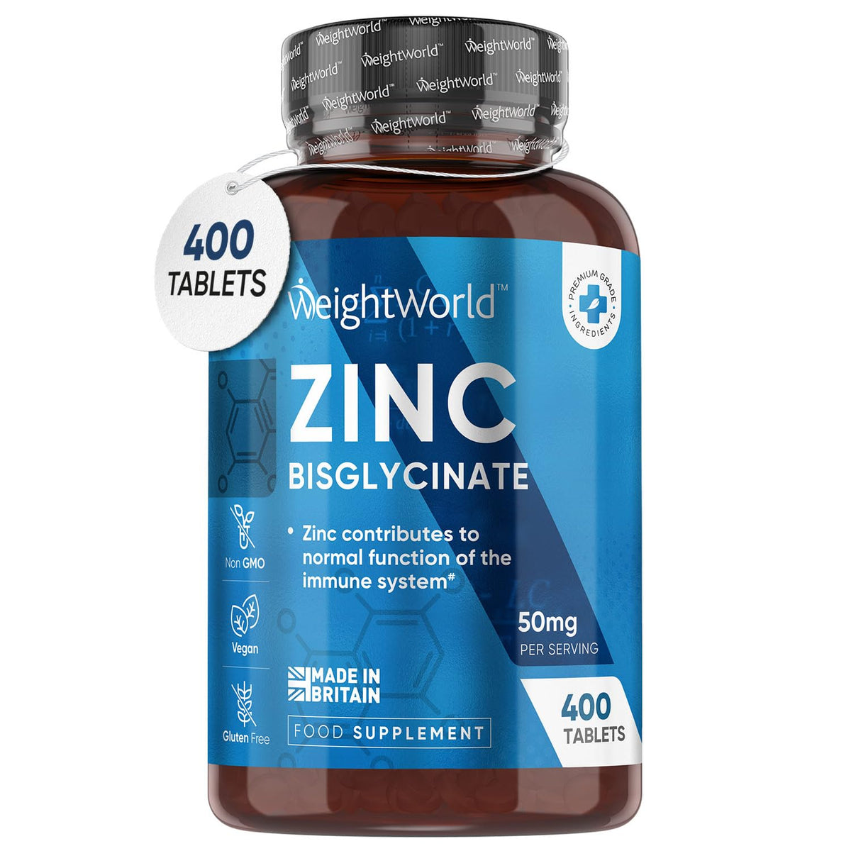 High Strength Zinc Tablets 50mg – 400 Vegan Zinc Bisglycinate Tablets 6and Months Supply – High Absorption Zinc Supplements for Skin, Hair and Nail - Immunity Supplements for Men & Women