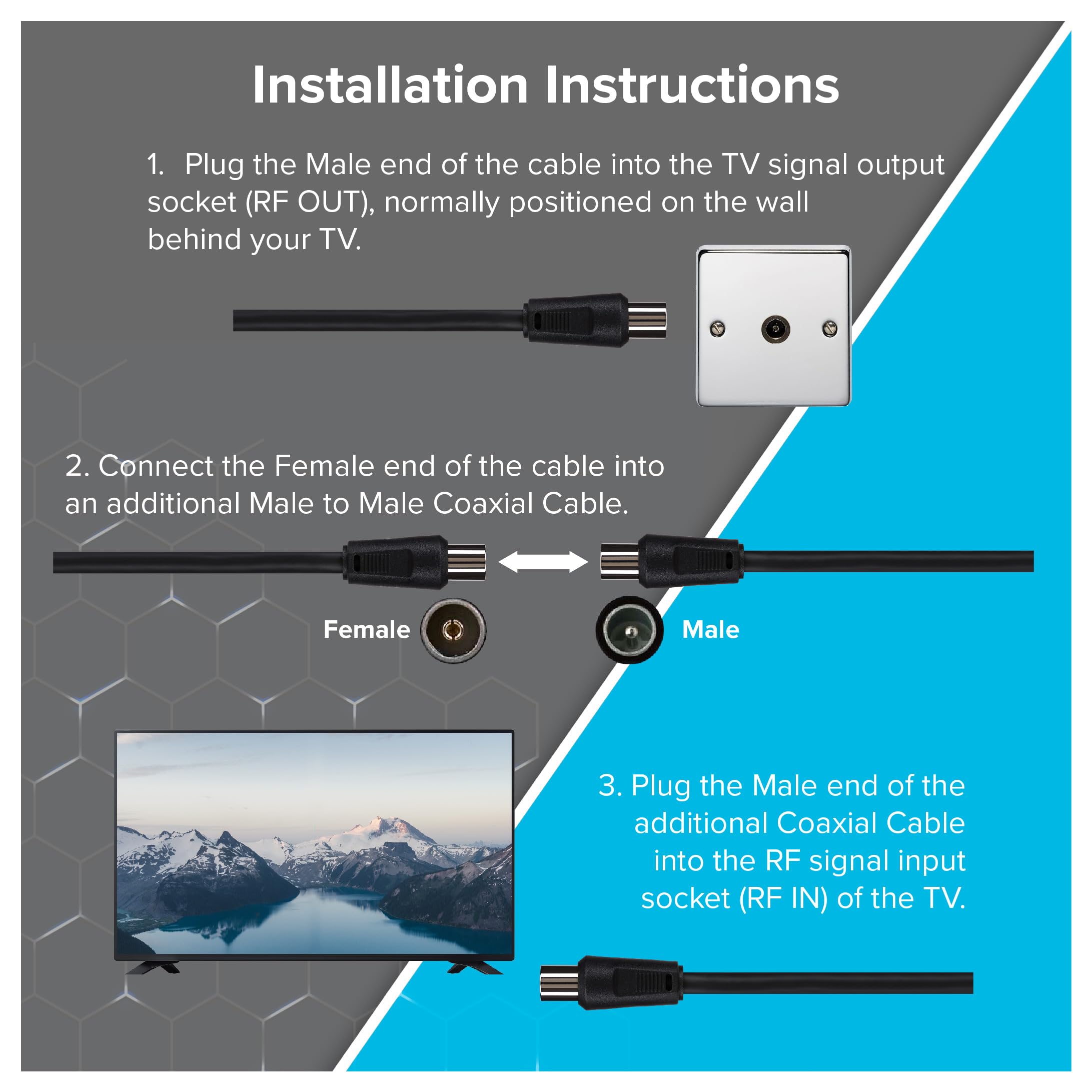 Maplin 2m TV Aerial Coaxial Extension Cable RF Male to RF Female, Antenna Cable Coax Lead for Sky/SkyHD, Virgin TV, BT, Freeview, VCR, DVD player, Freesat