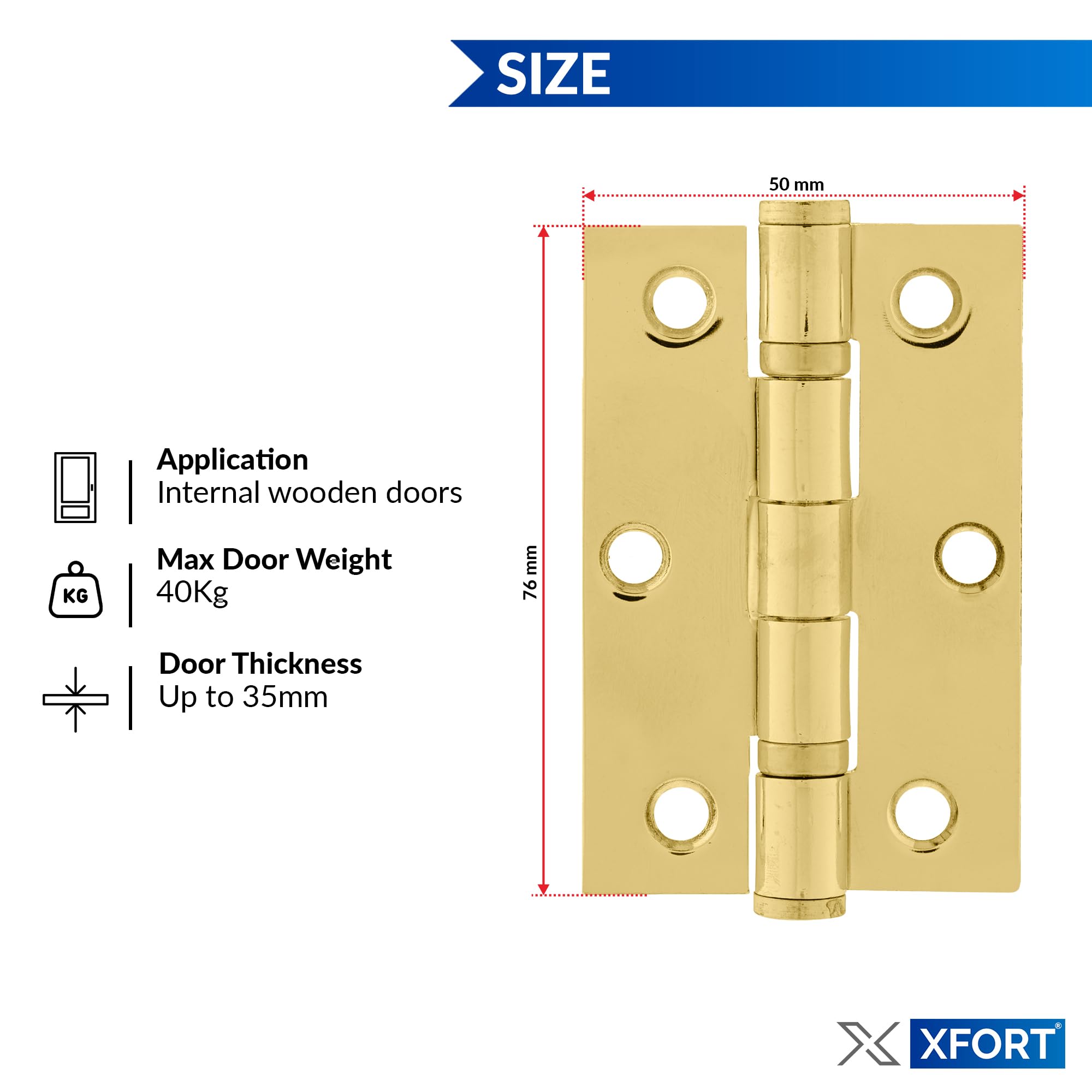 XFORT 3 Inch (75mm) Polished Brass Ball Bearing Hinges, Steel Door Hinge for Wooden Doors (2 Pairs)